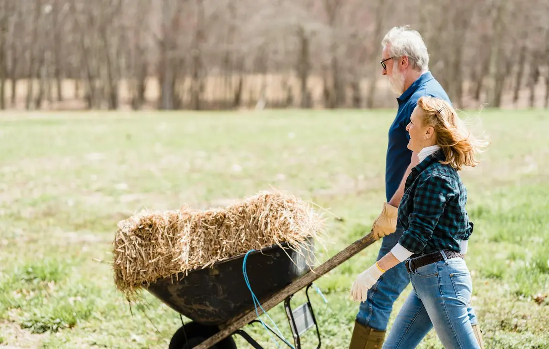 A man and a woman in a sunny field push a wheelbarrow loaded with hay, illustrating setting up a rabbit-friendly habitat.