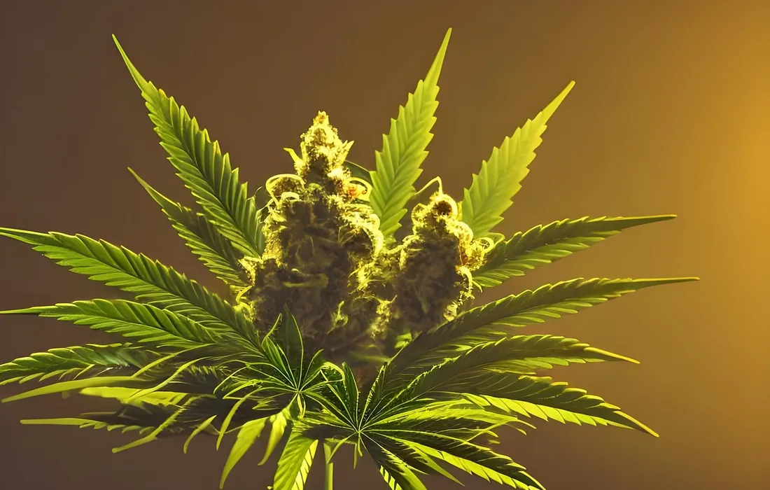 Close-up of a cannabis plant with serrated leaves and a budding flower, illuminated by warm yellow light.