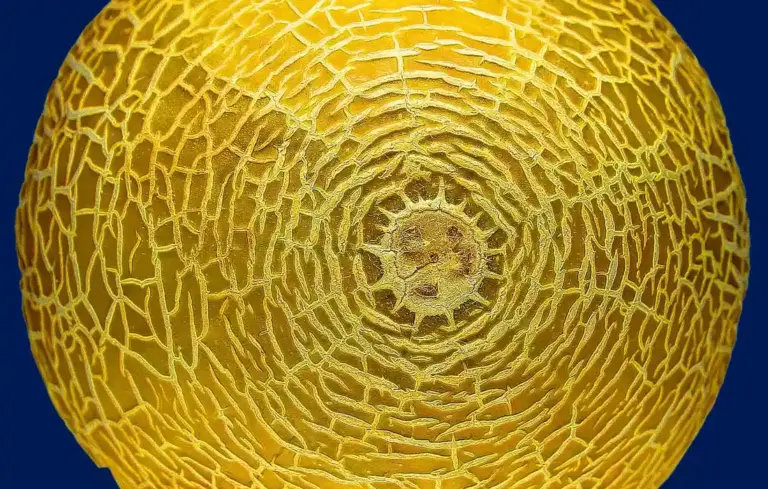 Close-up of a yellow cantaloupe rind with a net-like pattern against a dark blue background