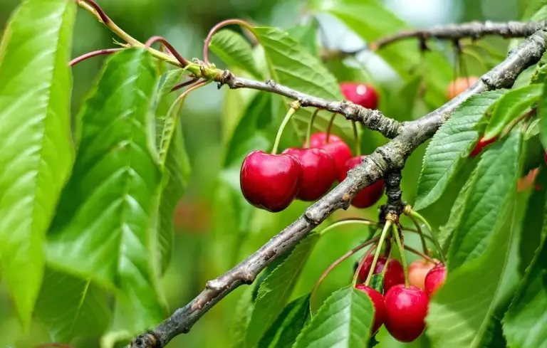 Red cherries on a branch with bright green leaves
