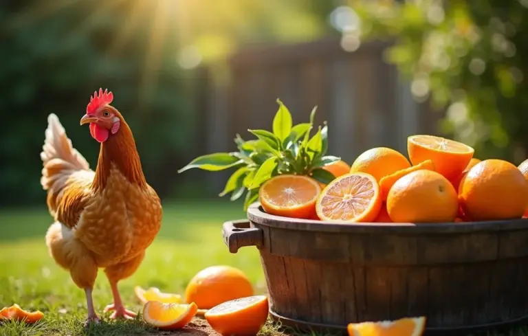 A chicken stands beside a wooden tub overflowing with oranges in a sunny backyard