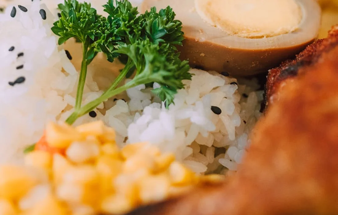Close-up of a dish with white rice, a sprig of parsley, corn kernels, and a fried item.