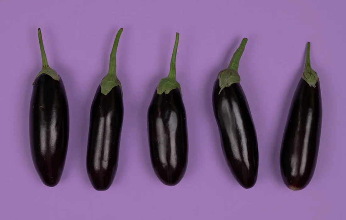 Five glossy purple eggplants arranged in a row on a purple background