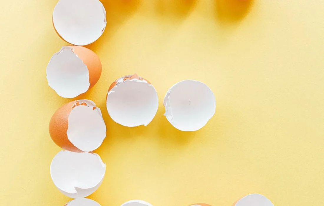 Cracked eggshells scattered on a bright yellow background.