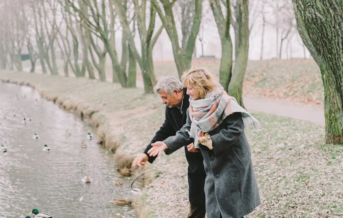 Two adults feeding ducks by a pond in a park during winter; leafless trees line a path.