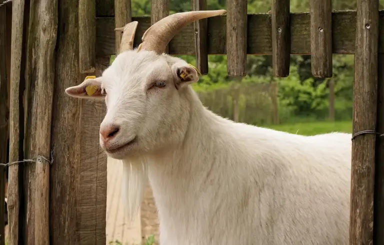 White goat with curved horns standing near a wooden fence in a green pasture.