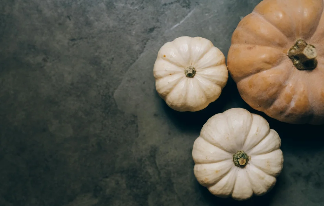 Close-up of small white pumpkins and a larger orange pumpkin on a dark, textured surface.