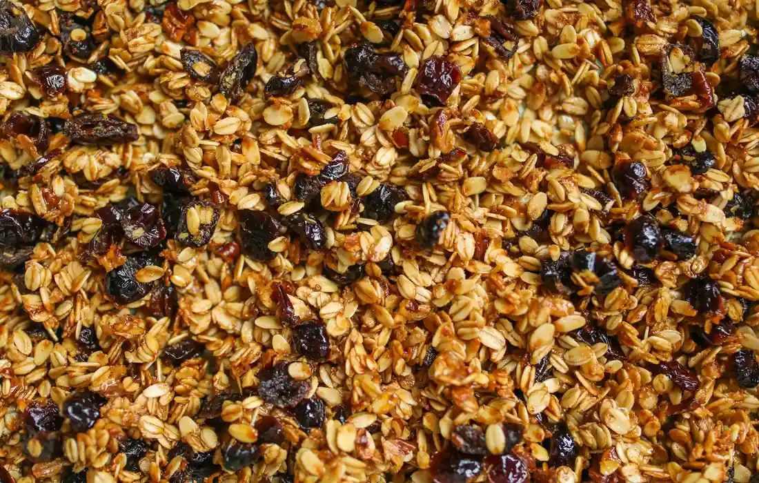 Close-up of granola containing oats, dried fruit, and seeds
