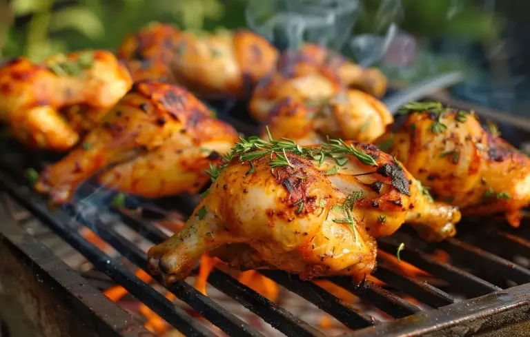 Grilled chicken drumsticks on a charcoal barbecue grill, topped with herbs and releasing wisps of smoke