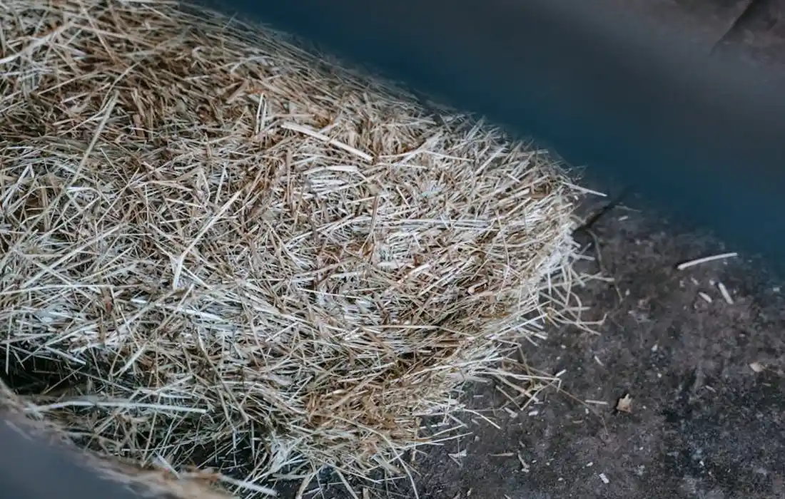 Close-up of a bale of dried hay with visible straw strands