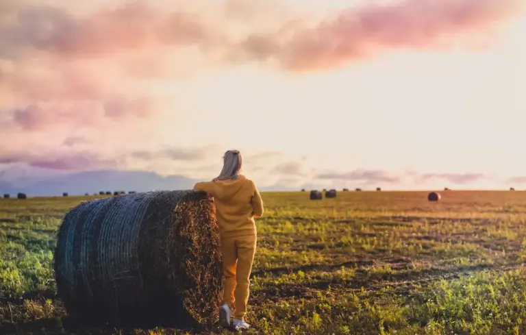 Person standing in a sunlit field beside a large rolled hay bale, with several bales in the distance.
