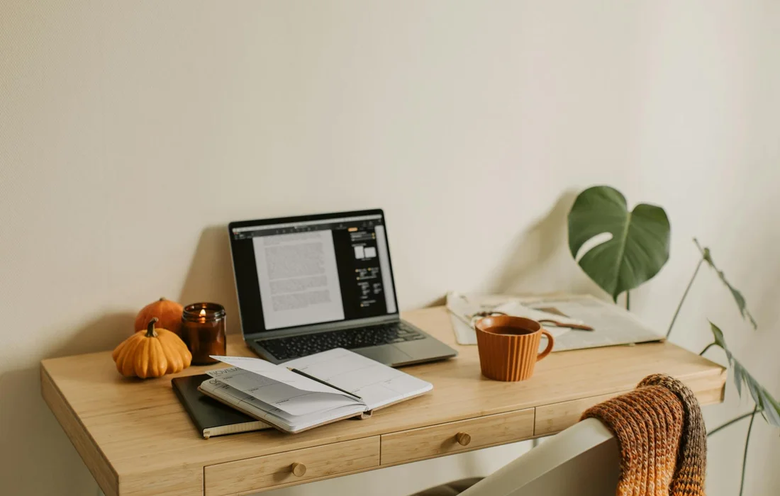 A tidy home office desk with a laptop, documents, a small pumpkin, a mug, and a leafy plant, suggesting planning for pumpkin storage and livestock feeding.