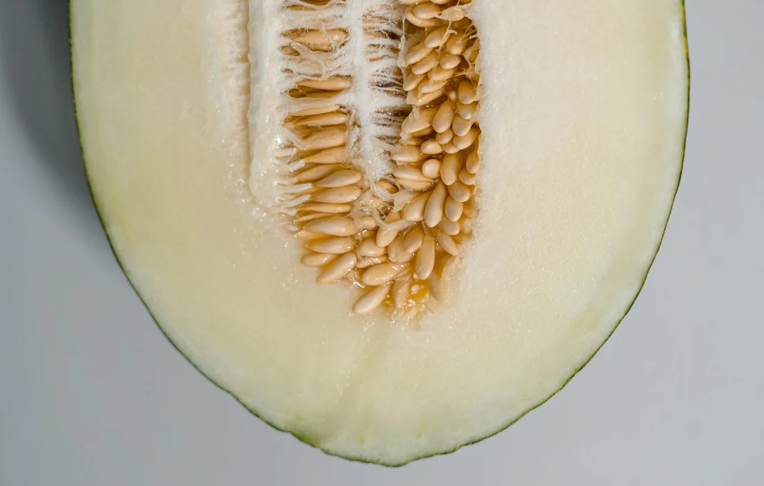 Cross-section of a melon half with pale flesh, green rind, and a row of seeds in the center.