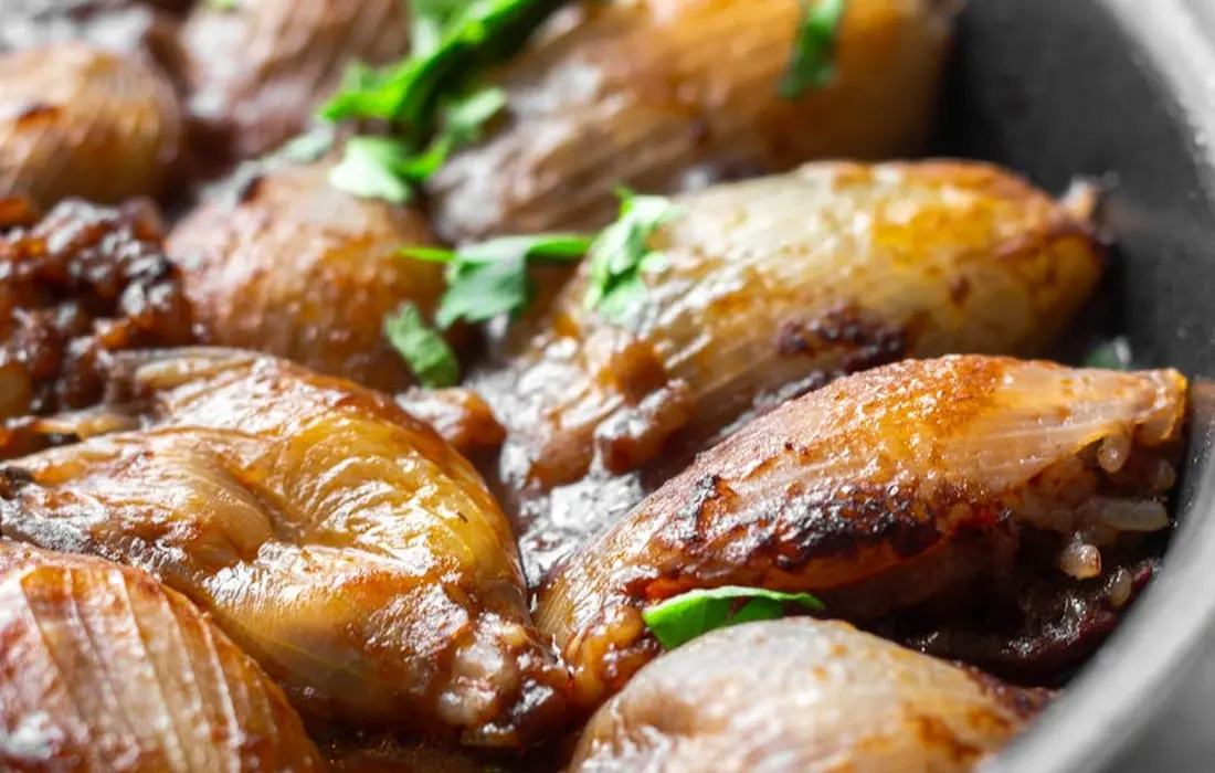 Close-up of caramelized onions in a skillet
