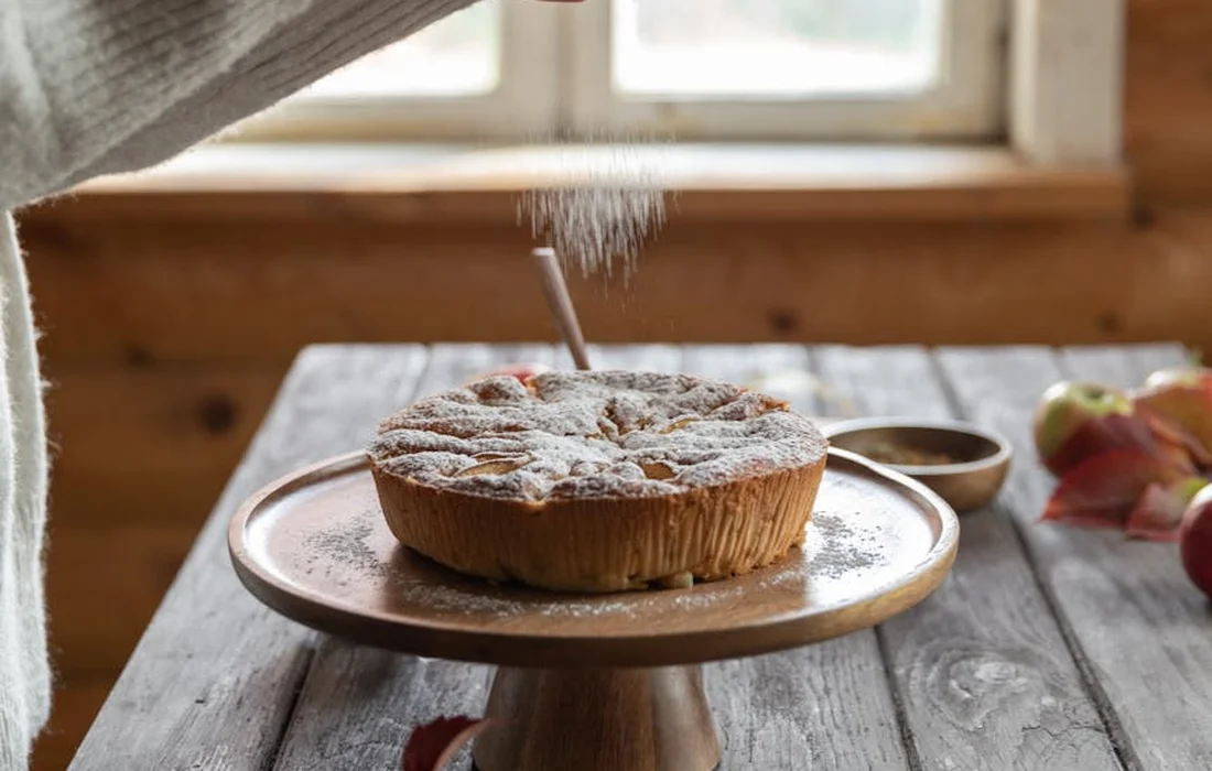 A round pie on a wooden cake stand on a rustic table, with powdered sugar being sifted on top.