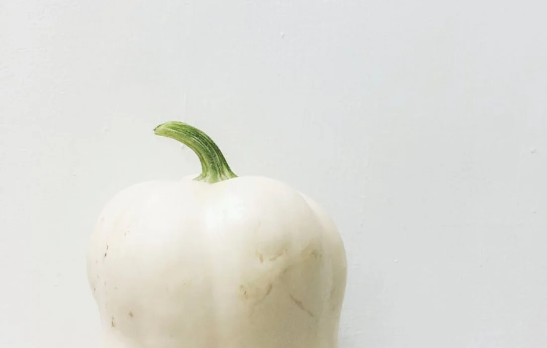 Close-up image of a white pumpkin with a green stem against a pale background