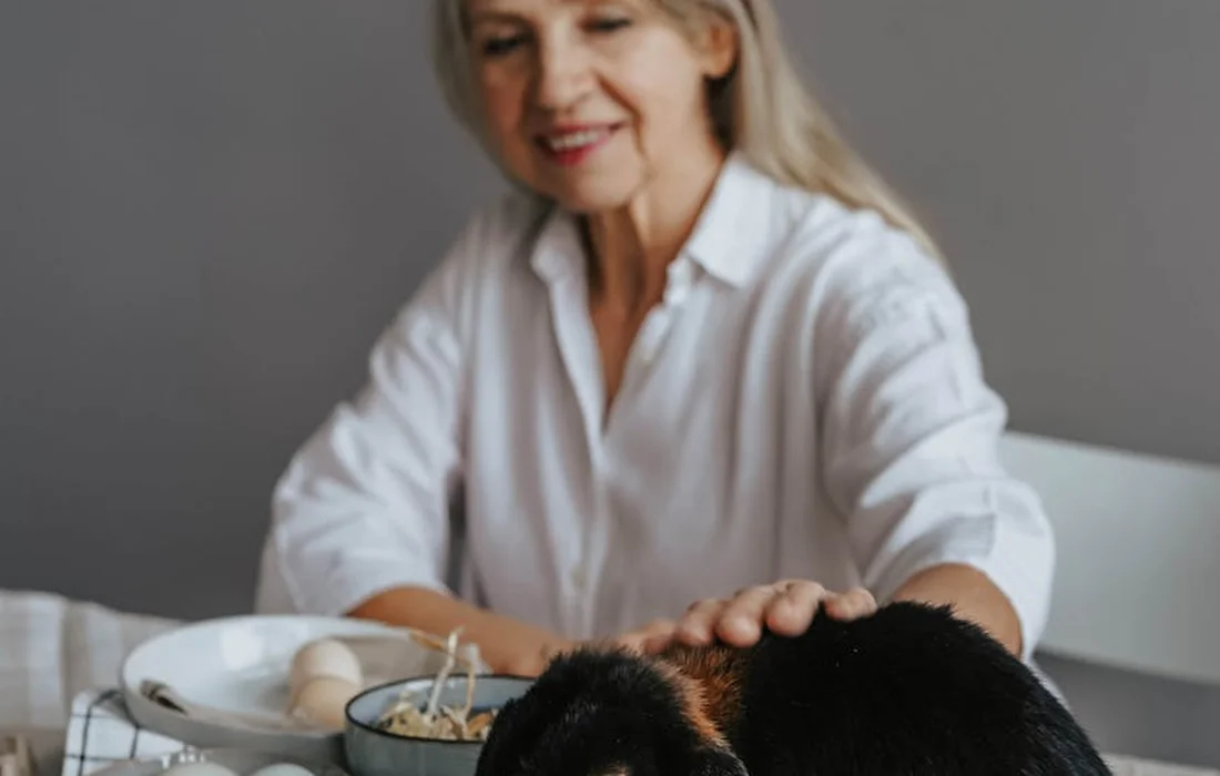 Woman in a white shirt gently petting a black rabbit at a table with bowls of food.