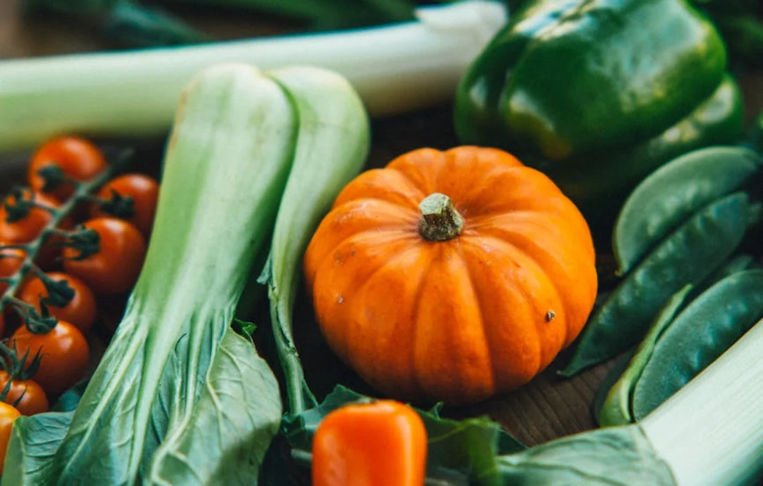 Colorful assortment of garden vegetables—pumpkin, cherry tomatoes, bell pepper, leeks, and zucchini—arranged together to illustrate a rabbit-friendly harvest.