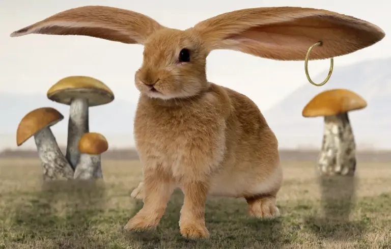 A brown rabbit stands on grass with several mushrooms in the background; a gold hoop earring dangles from one of its ears.