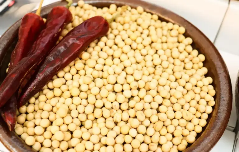 A bowl filled with soybeans with a few dried red chili peppers resting on top.