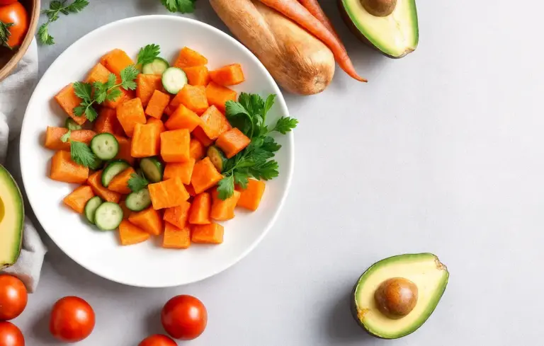 Plate of diced orange sweet potatoes with slices of cucumber and parsley on a light gray background, surrounded by other vegetables.
