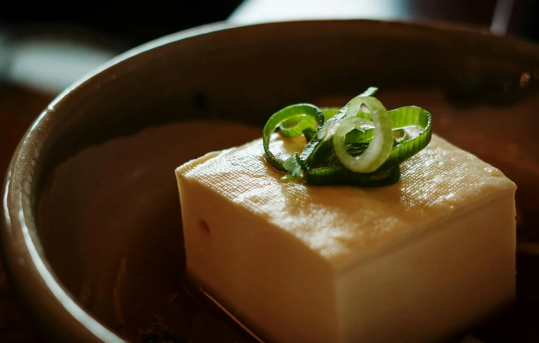 A square block of tofu in a brown bowl, topped with curled green onion rings.