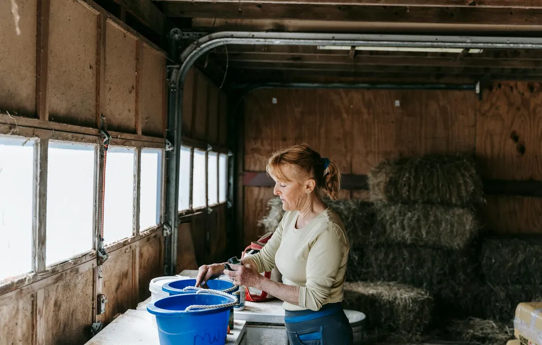A person in a barn sorting hay into blue buckets beside stacked hay bales.